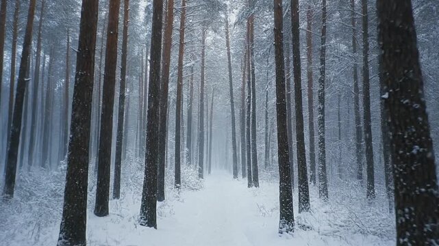 bosque de pinos completamente nevado. La c&aacute;mara avanza suavemente entre los &aacute;rboles altos cubiertos de nieve, mientras cae una nevada fina y constante. Ambiente fr&iacute;o y silencioso.