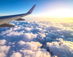 View from the plane with wing over fluffy clouds and bright sunrise
