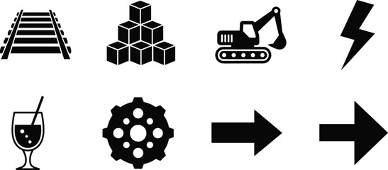 Industrial icon set featuring railway tracks, cube blocks, excavator, lightning bolt, cocktail glass, gear wheel, and directional arrows, vector illustration