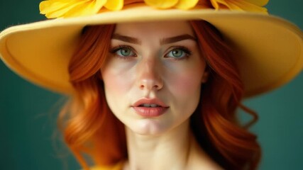 Video A close-up shot of a woman wearing a bright yellow hat, perfect for everyday use or as a accessory for a costume