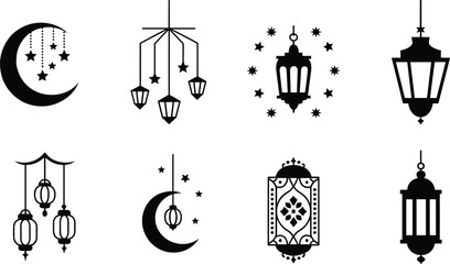 Islamic celebration icons including crescent moons, lanterns, stars, and frames, in silhouette style for festive design use