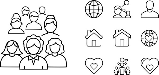 Community outline icons set. Features people, globe, home, heart. Ideal for web design, user interface, infographics. Adaptable, customizable for professional visual content creation