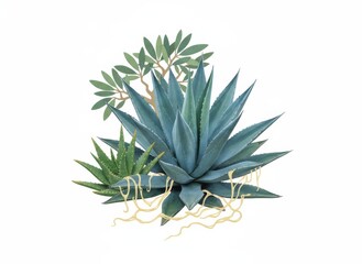 Fototapeta premium Agave and Aloe Succulents Composition with Olive Tree and Fungal Strands Against a Clean White Background for Modern Design.