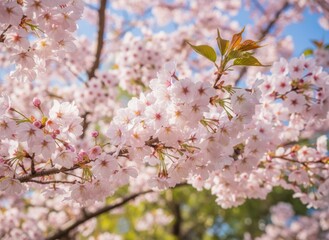 Fototapeta premium Delicate Cherry Blossoms Bursting into Bloom: A Stunning Display of Spring's Beauty Against a Soft Blue Sky.