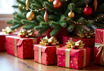 A Christmas tree with gifts wrapped in beautiful paper under it.