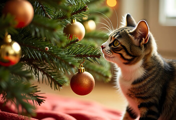 The cat looks curiously at the lower branches of the Christmas tree.