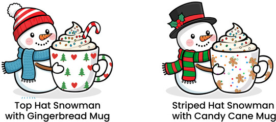 Festive snowman illustration with holiday mugs, whipped cream, candy cane, and winter accessories.