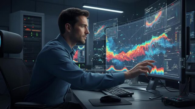 Medium shot of an engineer reviewing gravimetric data patterns on a screen leveraging AI tools to identify mineral deposits beneath the earth.