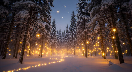Magical winter forest path illuminated by warm fairy lights under a starry night sky creating a festive and enchanting holiday atmosphere