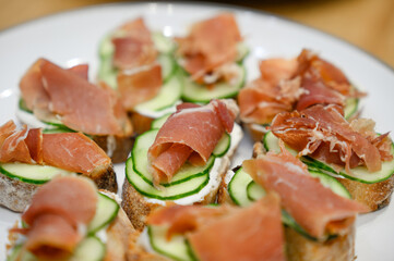 buffet, catering and snacks on table