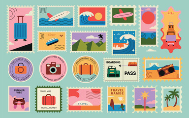 Colorful travel stamps and vacation icons with luggage, airplanes, cameras, tickets, landscapes, beaches in vector style