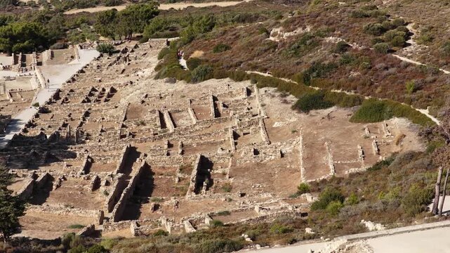 Aerial view of ancient Kamiros ruins of the Dorian city on the island of Rodos Greece
