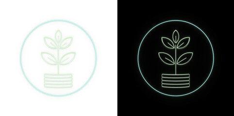 A glowing neon plant sprouting from a stack of gold coins. 3D rendering symbolizing financial growth, cryptocurrency yield farming, green fintech startups, and sustainable investment success.