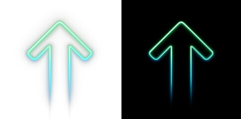 Bright blue neon arrow pointing upwards on a dark background. Glowing 3D symbol representing business growth, technological progress, success direction, and bullish market trends.