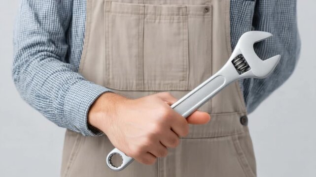 Skilled Worker Holding Adjustable Wrench Ready for Repair and Maintenance Tasks with Focused Expression 4k video footage