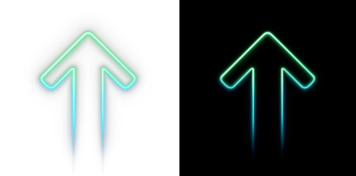 Bright blue neon arrow pointing upwards on a dark background. Glowing 3D symbol representing business growth, technological progress, success direction, and bullish market trends.