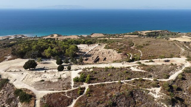 Aerial perspective over Ancient Kamiros archeological site on sunny Rodos Island Greece