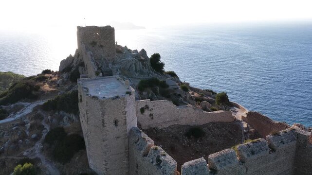 Aerial view of the Ruins of Kritinia Castle in Rodos Greece during a sunny day in summer