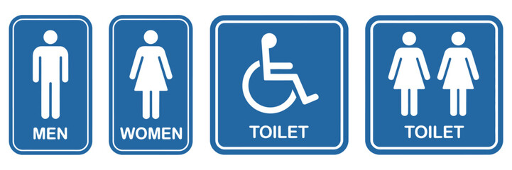 Toilet Sign Printable Public Sign, Symbol Man Woman WC, Simple Blue Minimalist Design Illustration, Restroom Template, Vector Graphic for Workplace, Restaurant, and Public Facility,