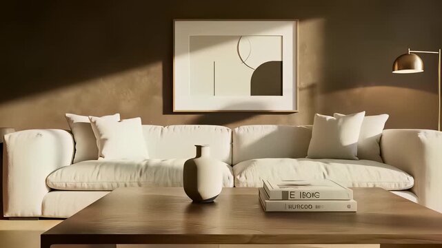 Modern living space with sleek white couch, plush pillows, and delicate vase on table, perfectly capturing the essence of serenity and comfort, ideal for luxury real estate, wellness.