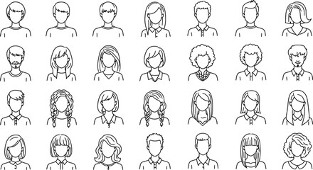 Collection of diverse sketched faces and headwear styles in a grid arrangement