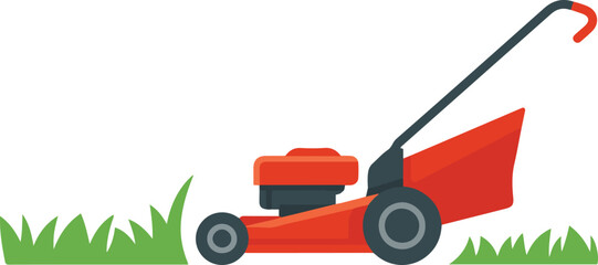 Lawn Mower Cutting Grass in Garden Vector Illustration with Red Machine and Green Scenery for Yard Work and Maintenance