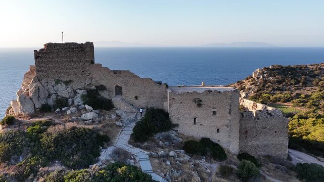 Aerial view of the ancient castle ruins overlooking the aegean sea on the island of rodos greece