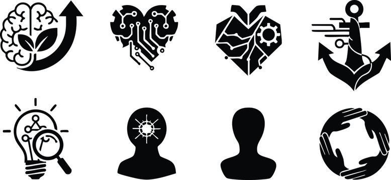 Flat design set of ten black vector icons brain growth arrow heart with circuit broken heart anchor light bulb with magnifier user silhouettes and teamwork circle