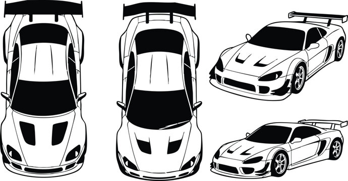 Line art vector top view and three quarter perspective sports car set with rear wing hood vents racing stripes front angle isolated black and white outline