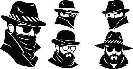 Flat design high contrast black silhouette set of five fedora and bowler hat masked male portraits in side and three quarter views bold shadow mood noir