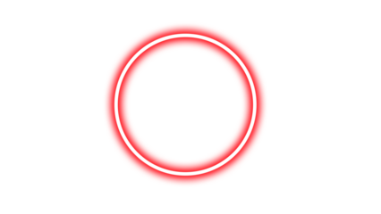 A striking red concentric circle, outlined in white, dominates the solid black background.