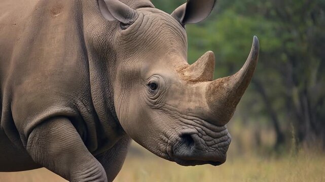 Close-up profile of a powerful rhinoceros with its iconic horn, set against a softly blurred natural background