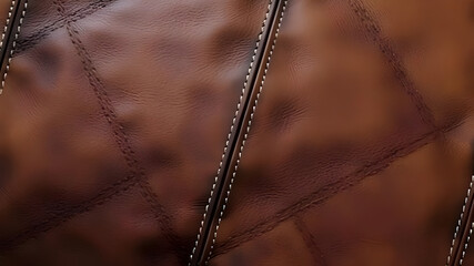 Close up textured abstract view of rich brown leather panels stitched together with intricate metallic thread creating a rustic and artisanal background