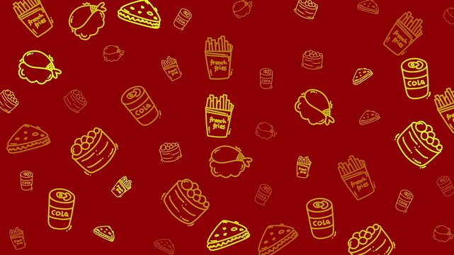 Food pattern with festive fast food doodles in red creates a quirky holidaythemed christmas background. Ideal for festive branding and packaging design.
