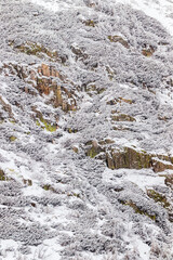 Kocioł polodowcowy Małego Stawu w Karkonoszach, Karpacz, w Karkonoskim Parku Narodowym, zimą ośnieżone skały