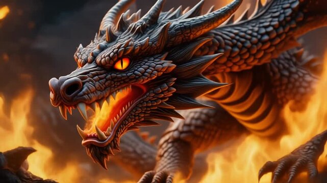 Fierce Dragon with Glowing Eyes Breathing Fire Amidst Flames