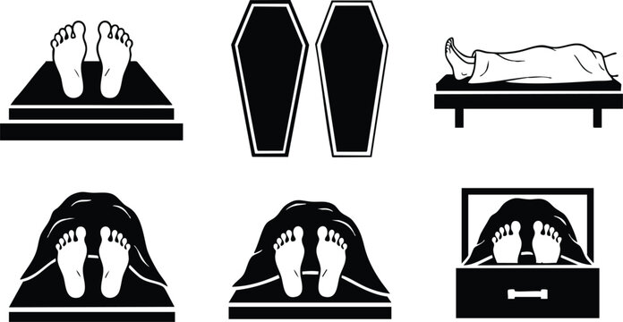 Flat design mortuary icon set close up top view feet with toe tag covered body on gurney coffin upright lid open simple silhouette black white icons