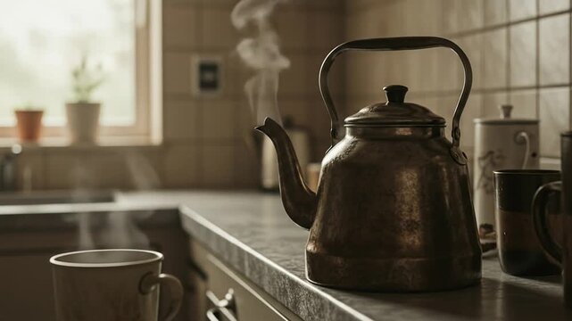 Close-up image of a hot kettle emitting steam in a cozy kitchen. Represents comfort, morning rituals, making tea, coffee and home cooking.