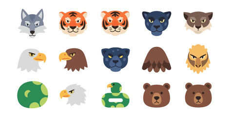 Animal heads variety of illustrated wildlife on black background