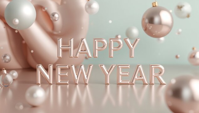 Happy new year greeting with rose gold letters and floating ornaments on a soft pastel background