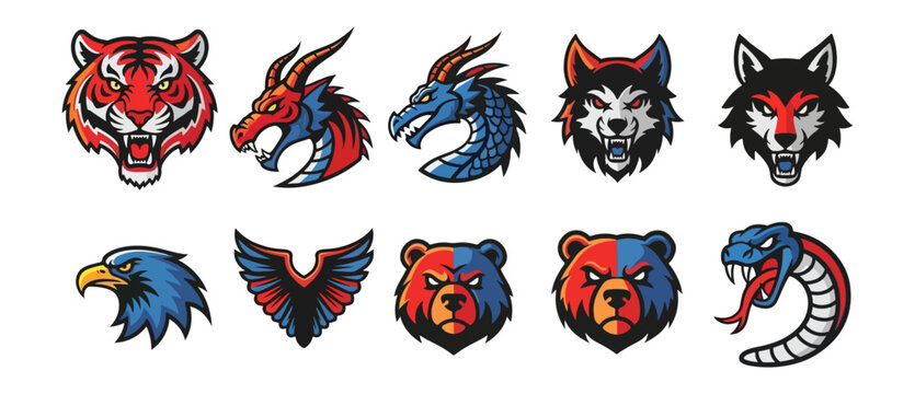 Animal heads logos collection tiger dragon wolf bear eagle snake vector design elements