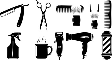 Barber tools silhouette, Barber tools, Barbershop tools, Hairdressing tools set, Barbershop equipment silhouette, Salon tools silhouette, Hairdresser tools icons