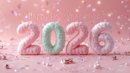 Happy new year 2026 text with textured numbers and bokeh lights on a soft pink background