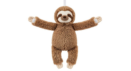 Fluffy brown plush sloth toy hanging with arms outstretched