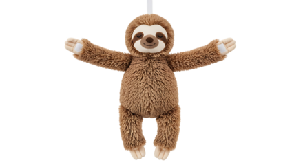 Fluffy brown plush sloth toy hanging with arms outstretched