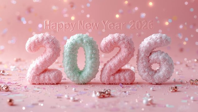 Happy new year 2026 text with textured numbers and bokeh lights on a soft pink background