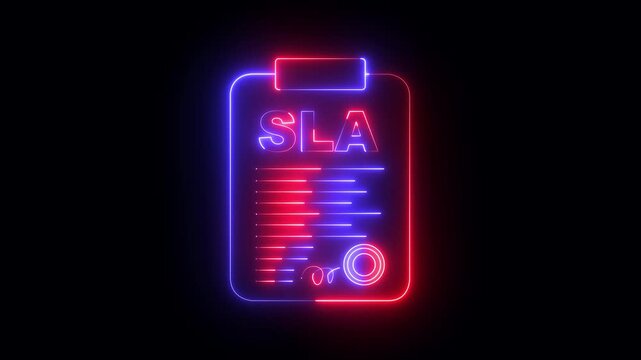 neon Service level agreement SLA document icon animation on black background. SLA - Service Level Agreement icon. Commitment between service provider and a client. SLA results clipboard icon.