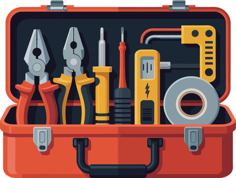 Open Toolbox Vector Illustration Containing Various Handyman Tools for Home Repair Project Maintenance in Red Color Hard Container