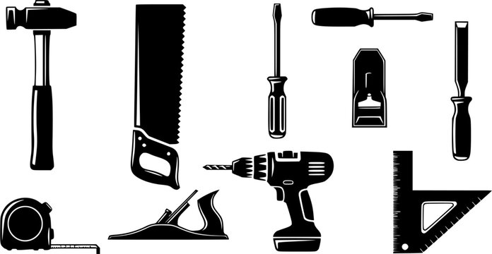 Carpenter tools silhouette, Carpenter tools, Wooden work tools silhouette, Carpenter silhouettes, Carpentry tools, Tools silhouette, Carpenter tools vector illustration