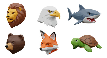 Naklejka premium Stylized animal heads collection lion eagle shark bear fox turtle